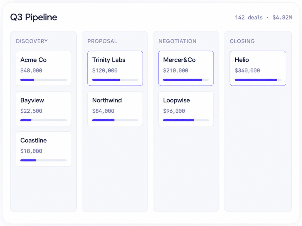 Cluvik Q3 sales pipeline dashboard displaying opportunities across discovery, proposal, negotiation, and closing stages with deal values and progress indicators.
